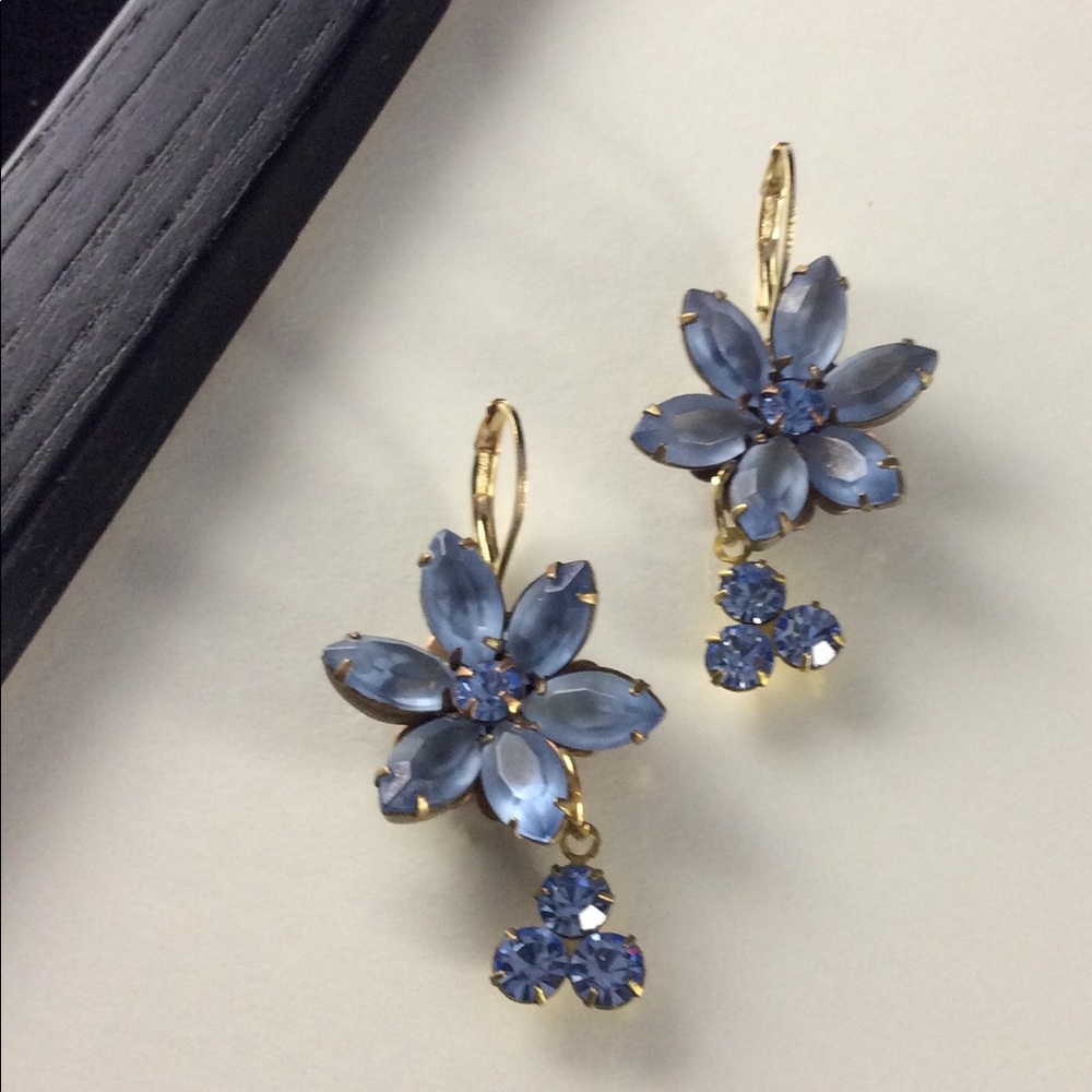 Blue Floral and Crystal Dangle Earrings